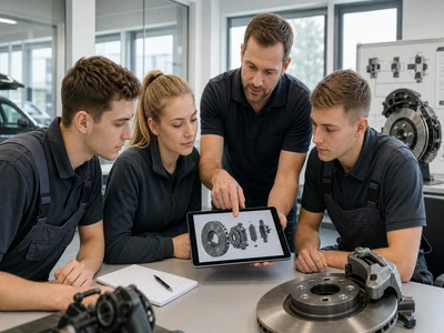Techniker mit Tablet neben Fahrzeug in heller Werkstatt