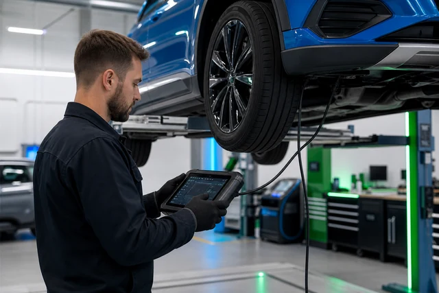 Techniker führt Diagnose mit Tablet an Fahrzeug auf Hebebühne in heller Werkstatt durch